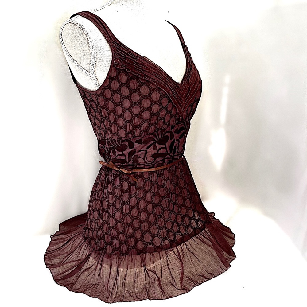 Dark Chocolate Brown Sleeveless Swing Top w V-Neck & Velvet Embroidery Size Sm